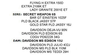 Pedigree and EPDs for DVE Davidson Bamford 36A